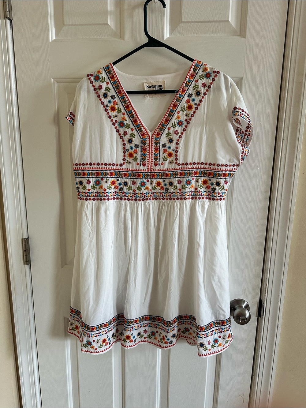 Savanna Jane White Embroidered Lined Dress Cap Sleeves Boho Floral Size Small